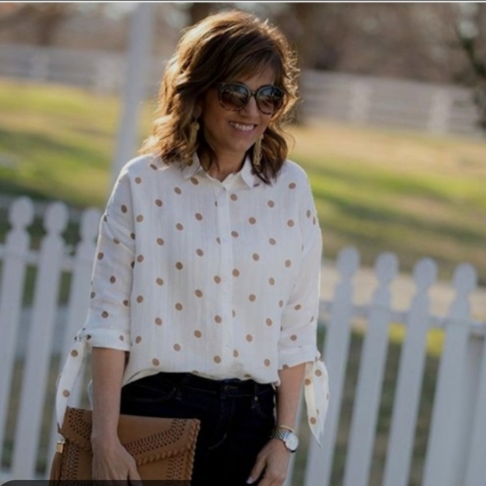 Lumière Blouse Medium White Bronze Polka Dot Button Down - Picture 1 of 9